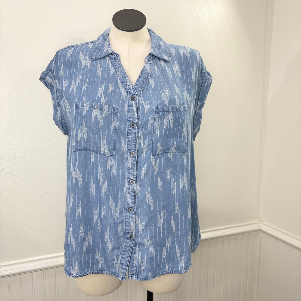 Style & Co Plus Size 1X Chambray Top Southwest Western Button Up Short Sleeve